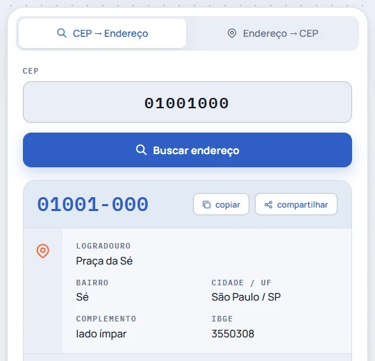 Resultado da consulta do CEP 01001-000: Praça da Sé, bairro Sé, São Paulo, lado ímpar