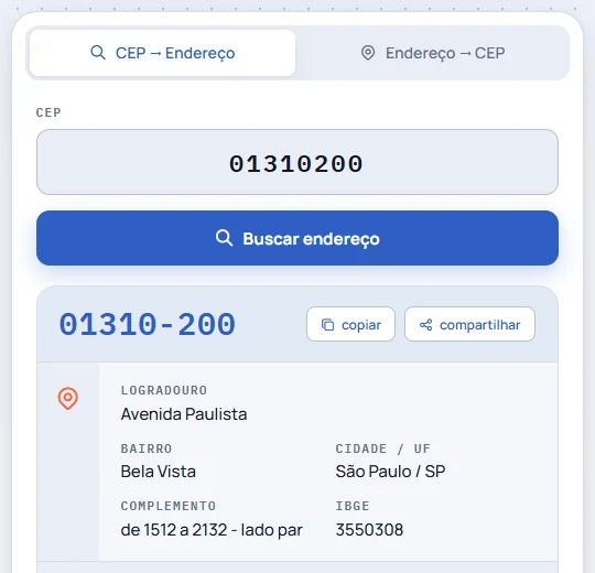 Resultado da consulta do CEP 01310-200: Avenida Paulista, Bela Vista, São Paulo, de 1512 a 2132, lado par