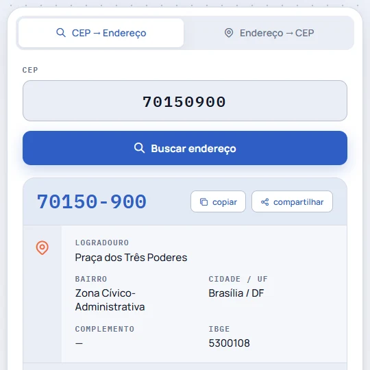 Resultado da consulta do CEP 70150-900: Praça dos Três Poderes, Brasília, com o complemento vazio